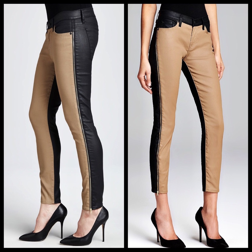 7FAM tan black faux leather zipper skinny jeans